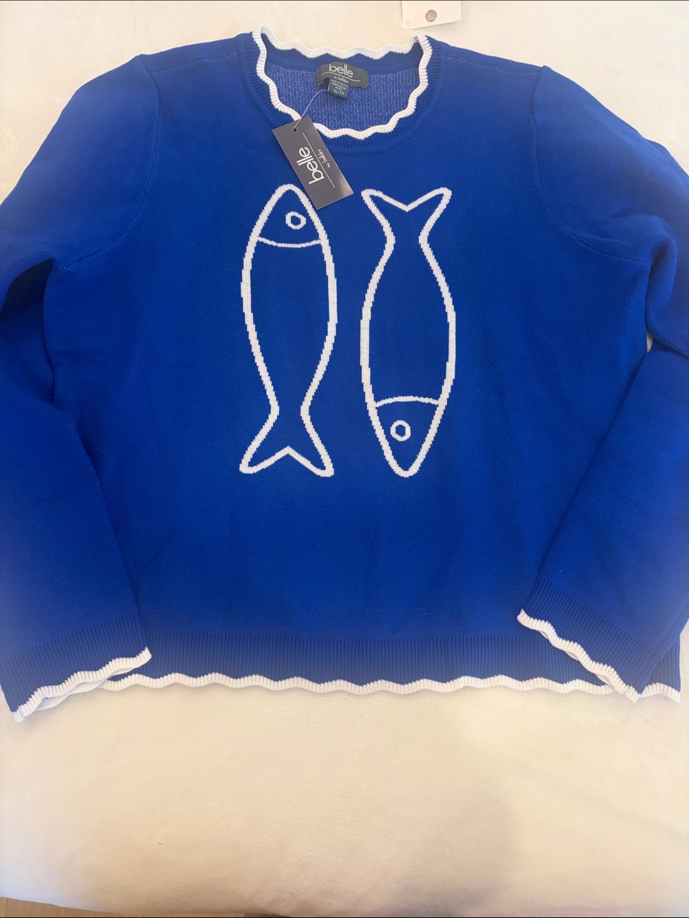 Elle cobalt blue sweater with white fish intarsia